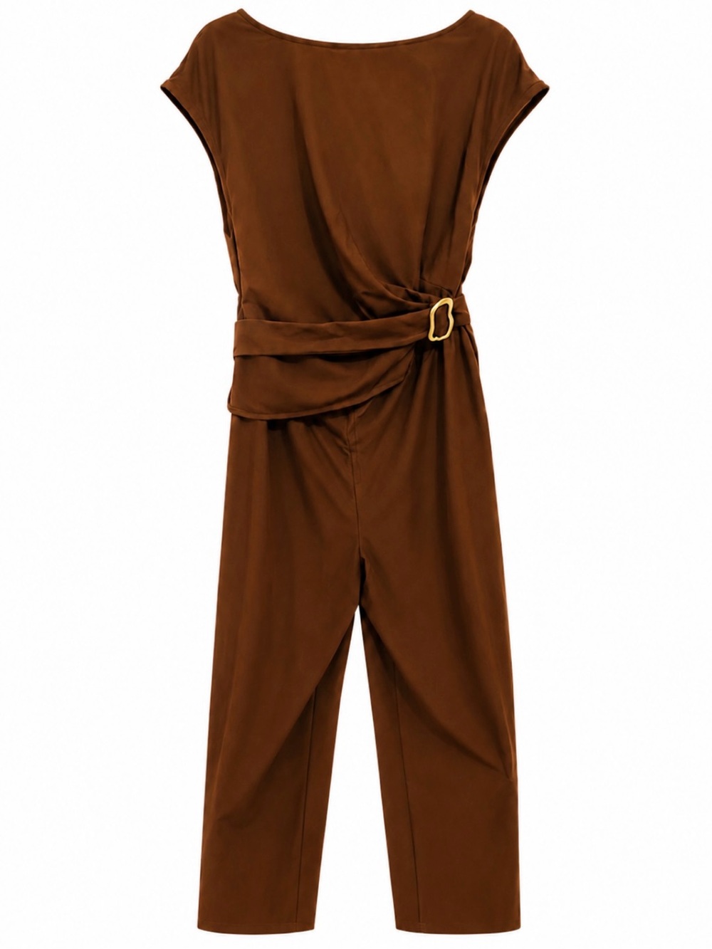 Brown Belted Cap-Sleeve Jumpsuit